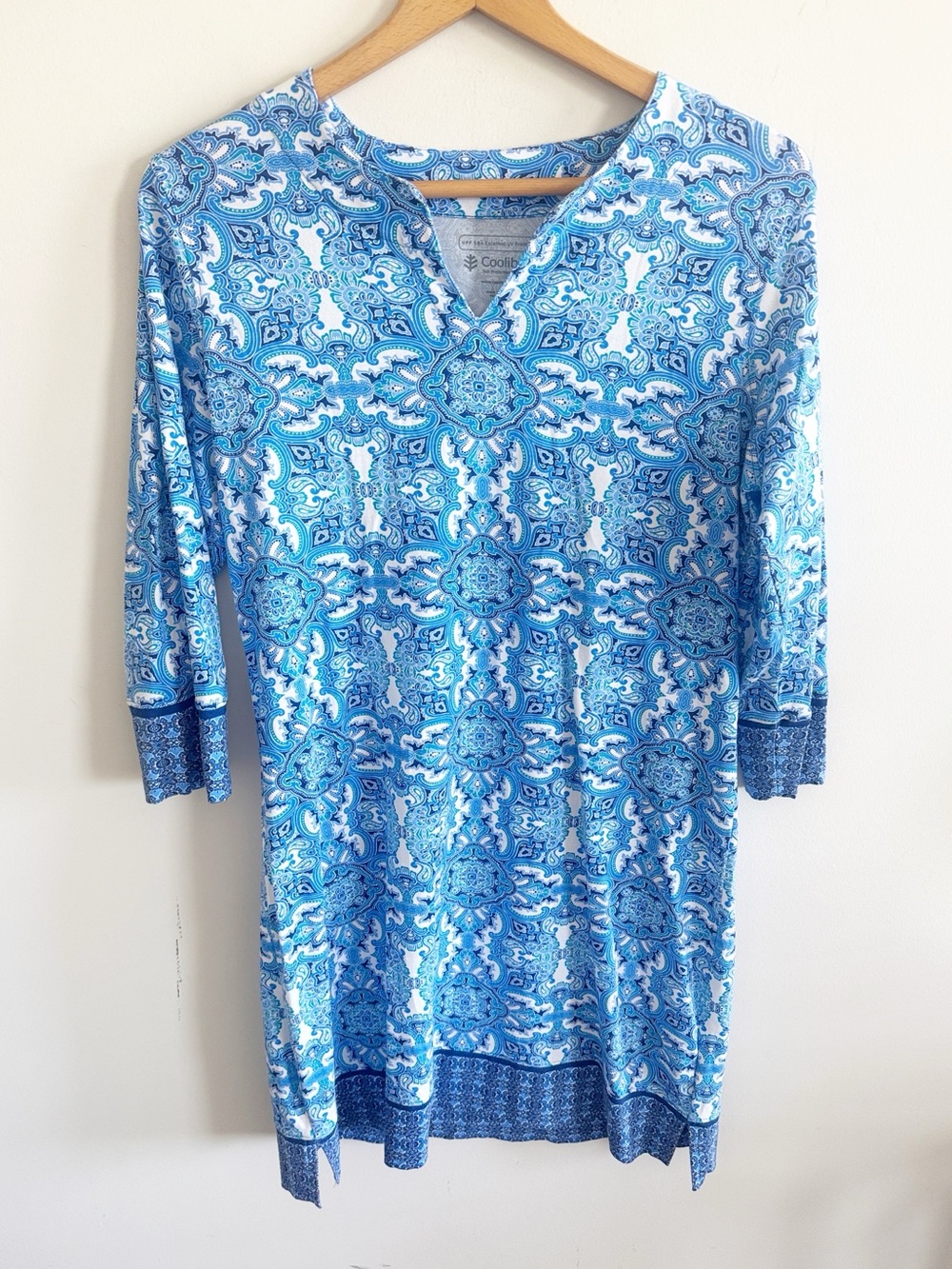 Coolibar UPF 50+ sun protection 3/4 sleeve blue print Oceanside tunic dress sz M